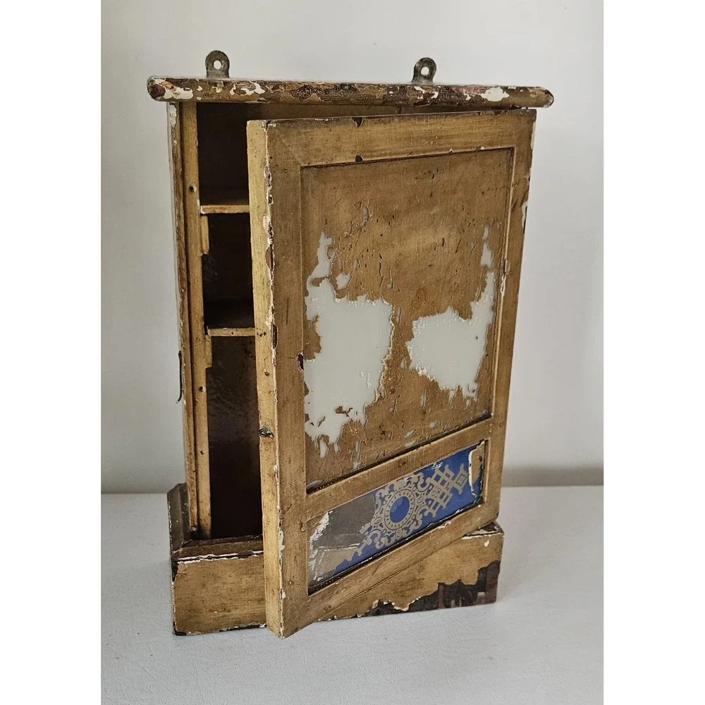 Primitive Wood Wall Cabinet Old Mustard Yellow Glass Panels
